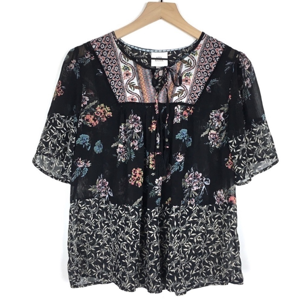 KNOX ROSE Sheer Blouse Baby Doll Top Floral Tassels Prairie Boho Lace Size Small